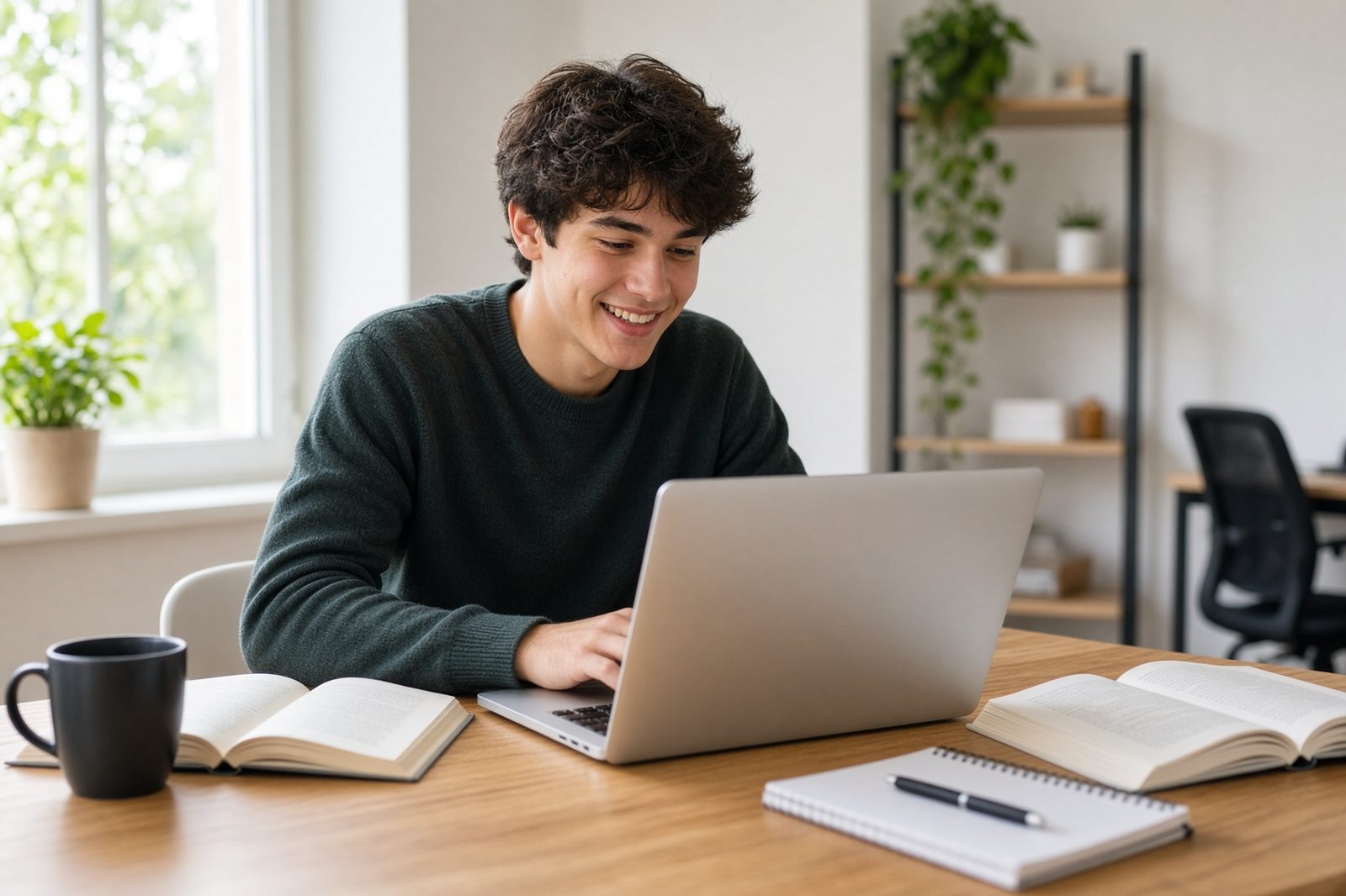 Estudiante con manuscrito en una biblioteca